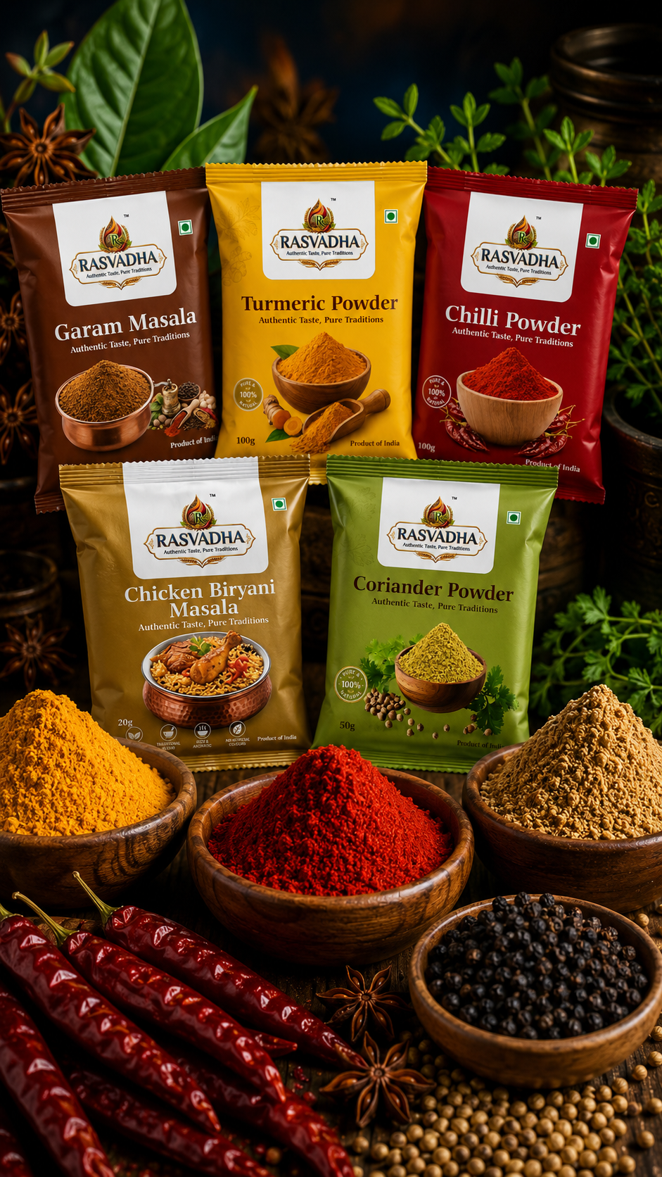 A beautiful array of traditional Indian spices presented in rustic bowls on a wooden table, illuminated by warm, inviting lighting that highlights their vibrant reds, yellows, and deep earthy tones. The setting evokes a sense of heritage and culinary richness, perfect for a high-end authentic brand.