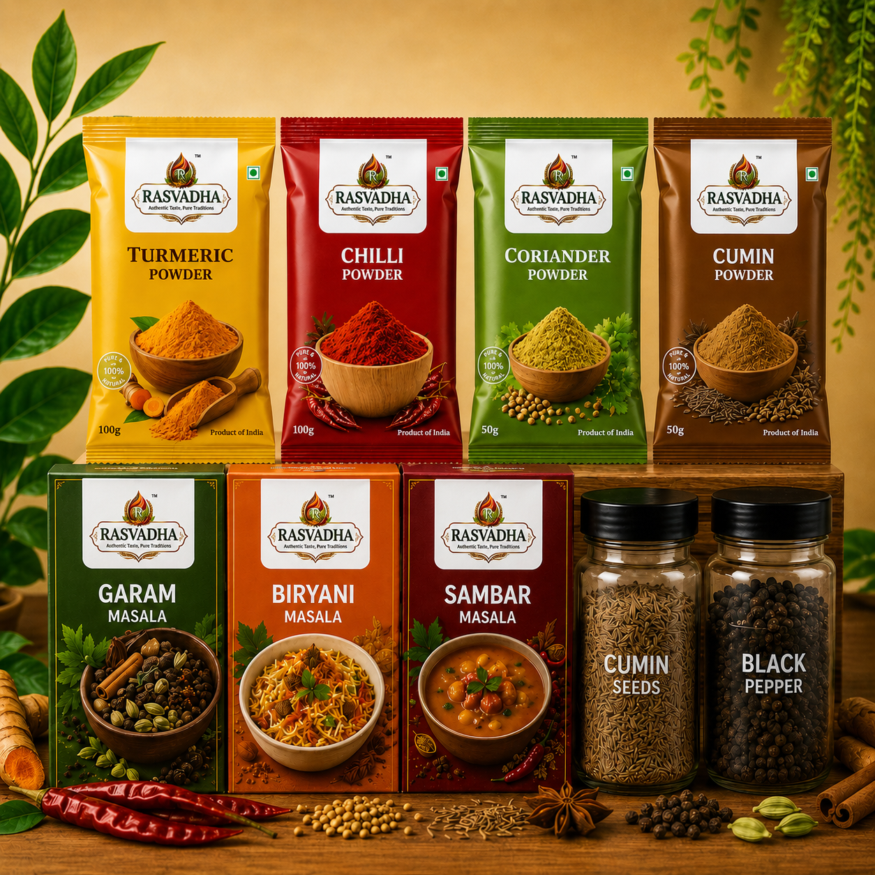 Close-up of premium, vibrantly colored Indian spices like chilli and turmeric arranged in ornate, traditional brass containers, set against a dark, textured background to emphasize luxury and authenticity.